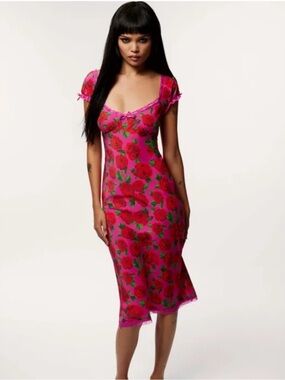 Betsey Johnson Bright Pink and Red Floral Midi Dress NEW with tags